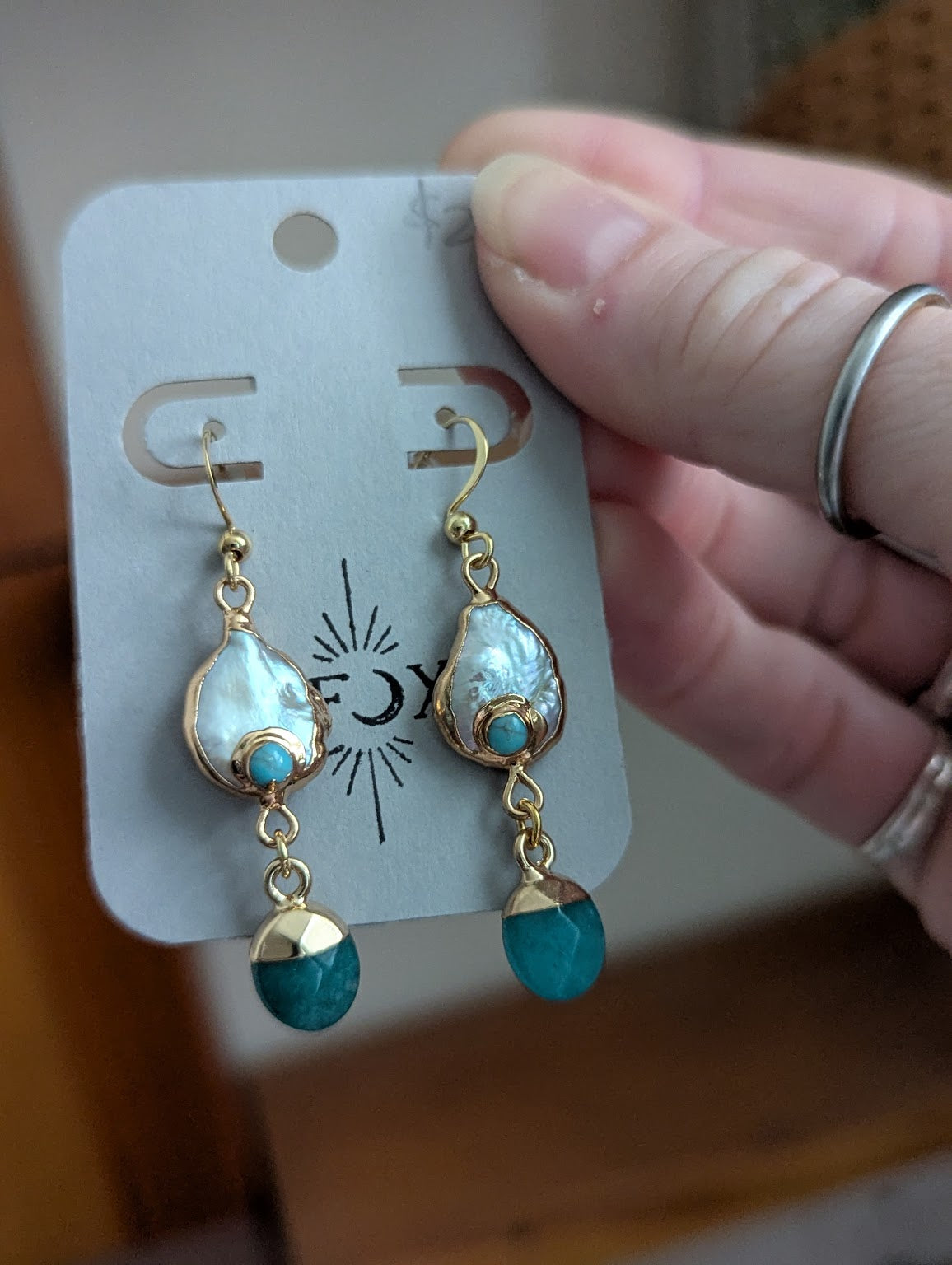 Freshwater Pearl Turquoise Jade Gold Earrings
