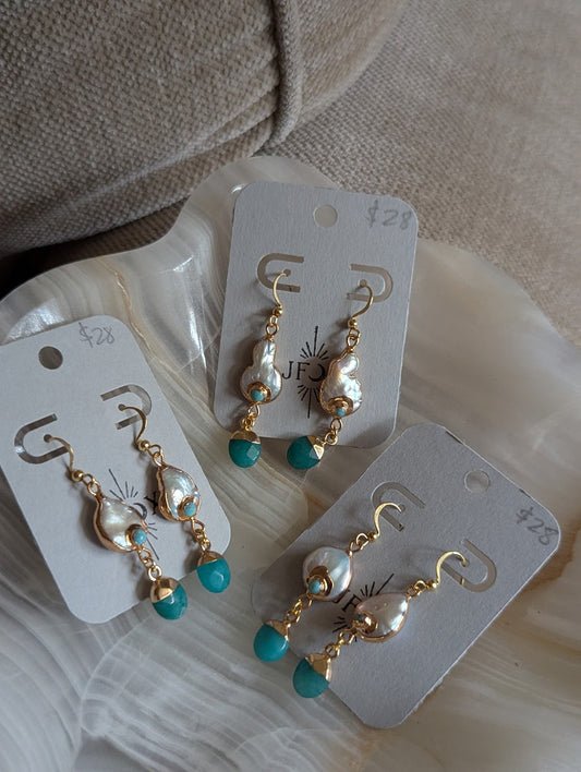 Freshwater Pearl Turquoise Jade Gold Earrings