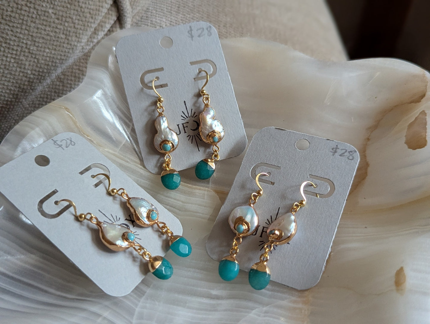 Freshwater Pearl Turquoise Jade Gold Earrings