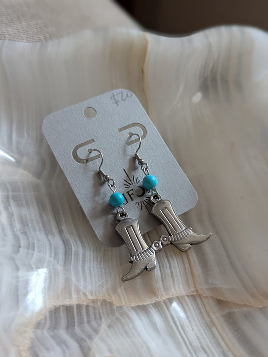 Silver Cowboy Boot and Turquoise Earrings