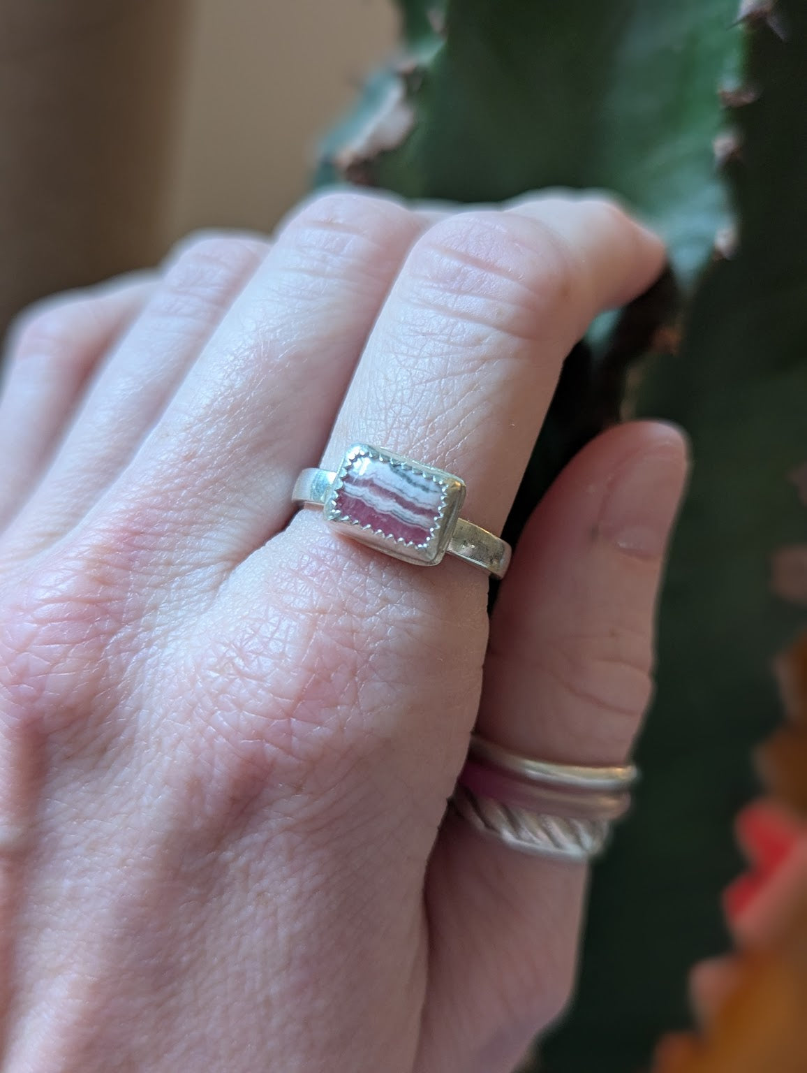 Rectangular Rhodochrosite Silver Ring - Size 8