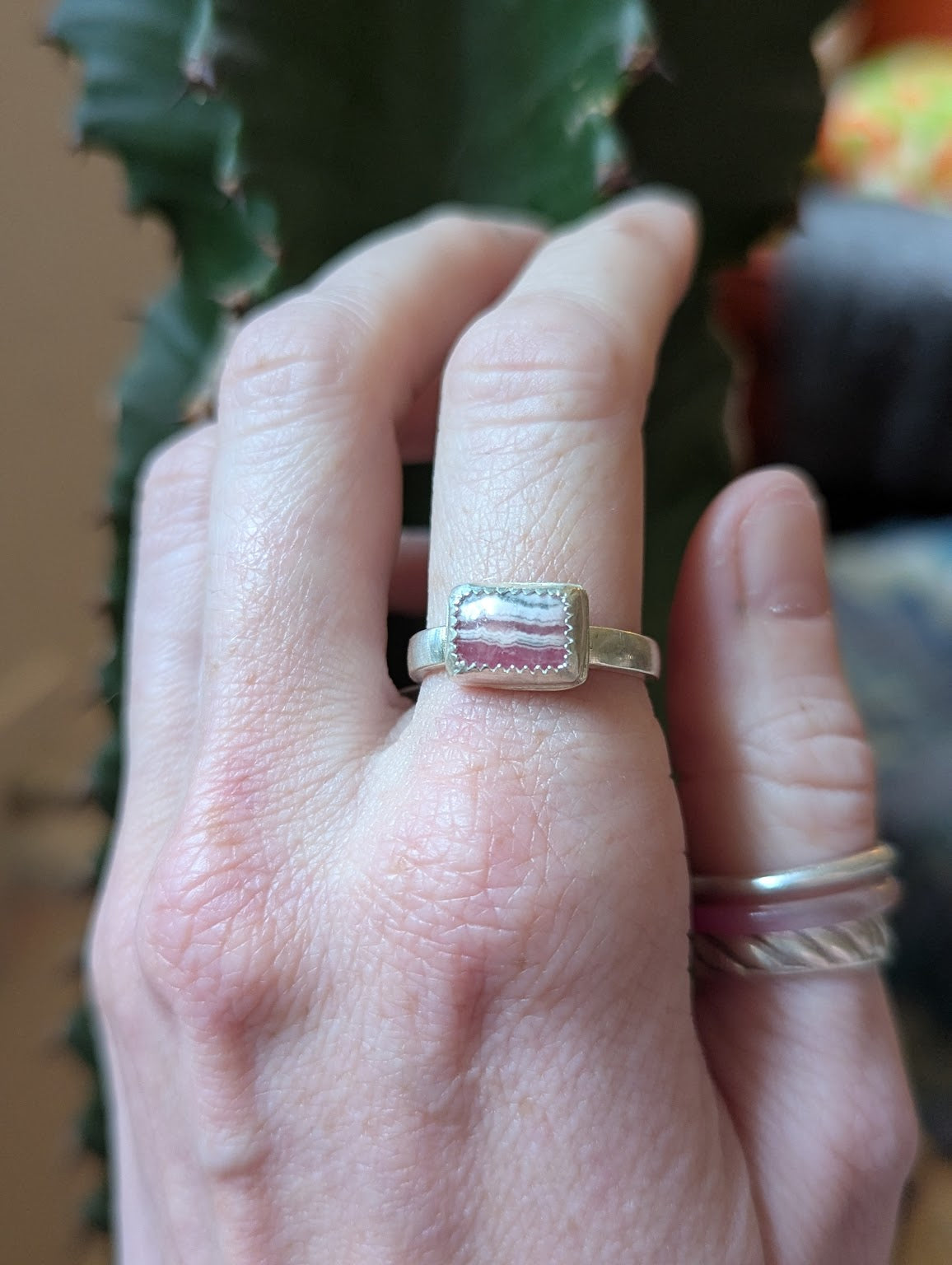 Rectangular Rhodochrosite Silver Ring - Size 8