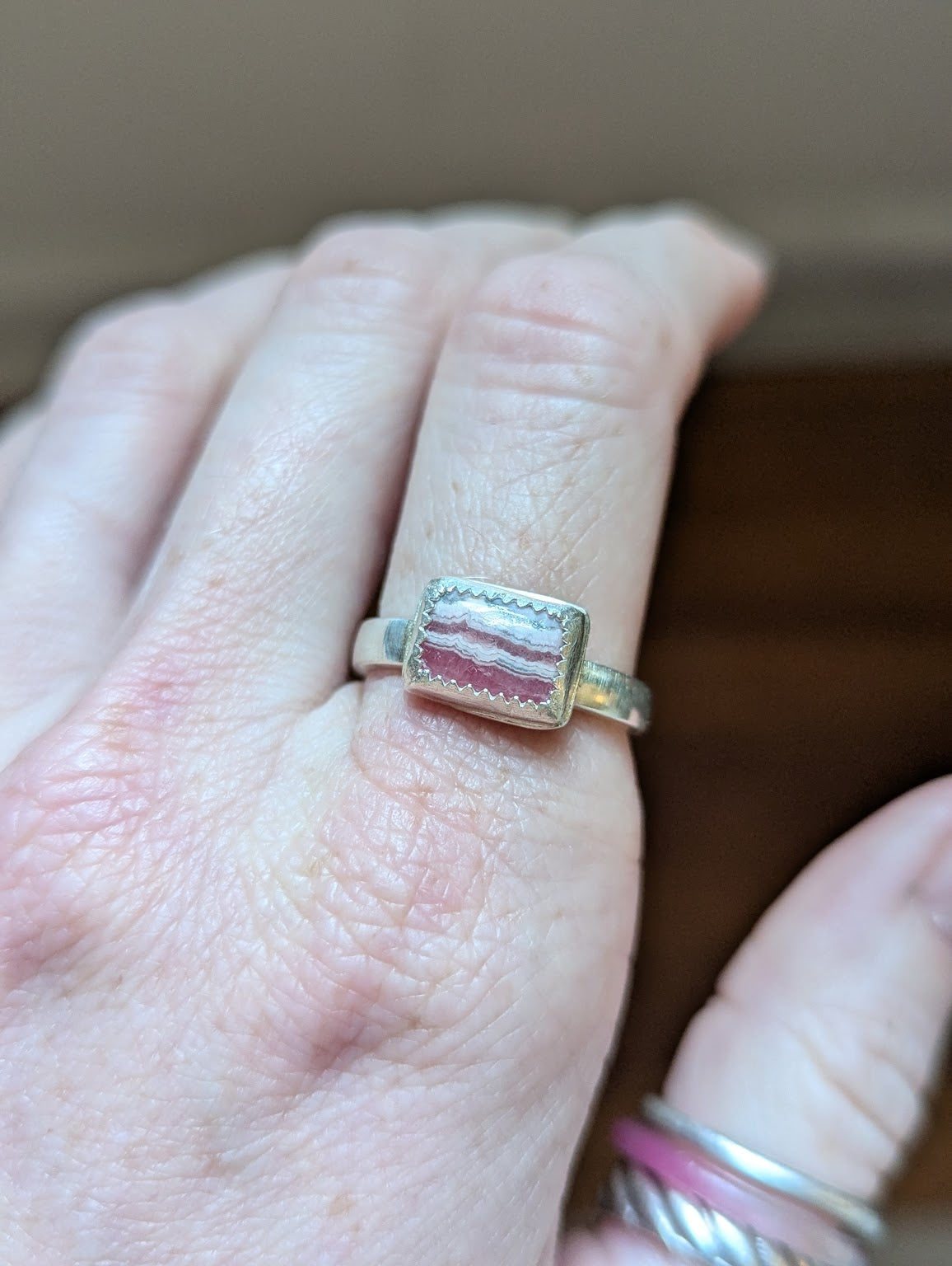 Rectangular Rhodochrosite Silver Ring - Size 8