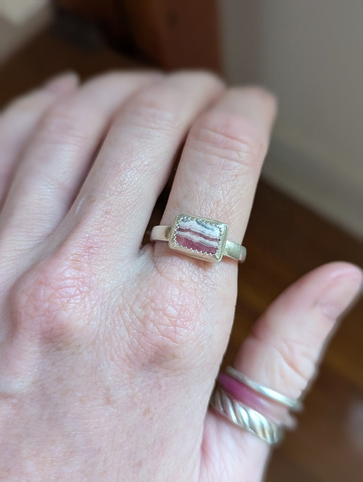 Rectangular Rhodochrosite Silver Ring - Size 8