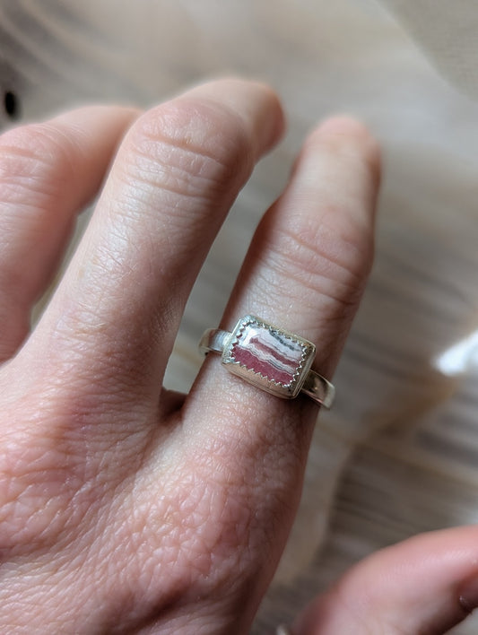 Rectangular Rhodochrosite Silver Ring - Size 8