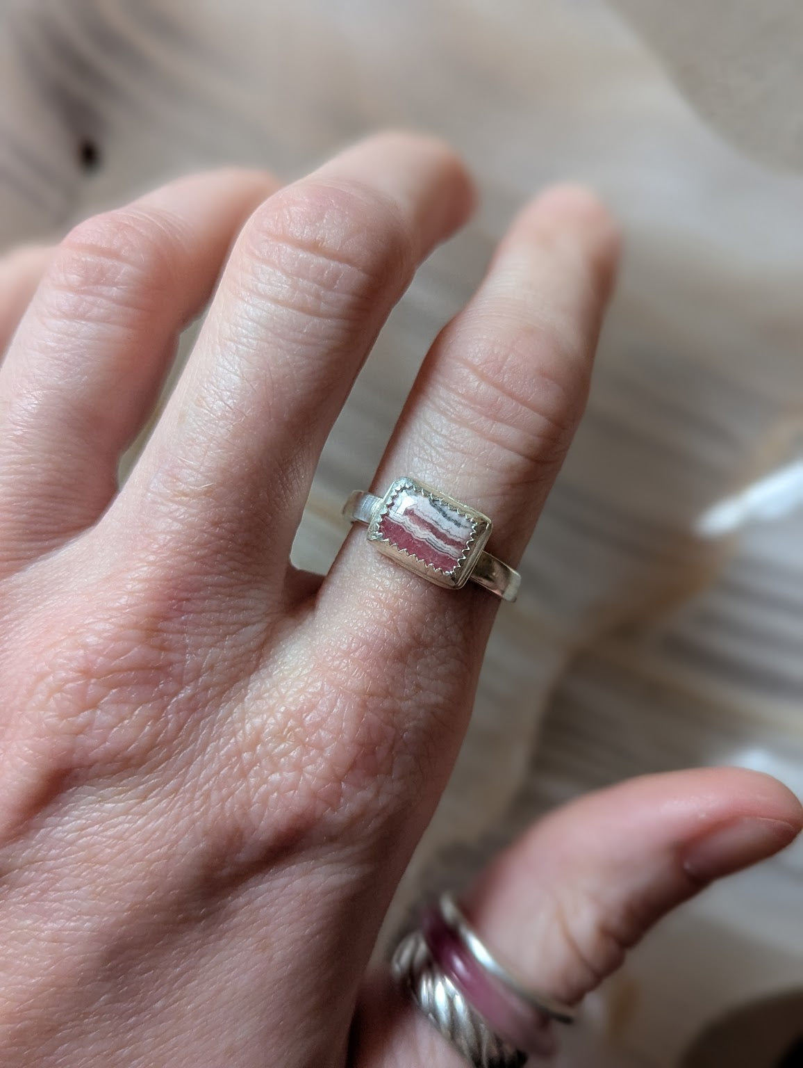 Rectangular Rhodochrosite Silver Ring - Size 8