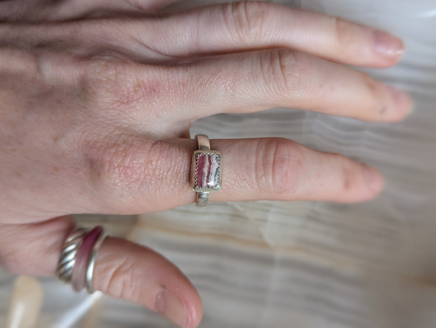Rectangular Rhodochrosite Silver Ring - Size 8