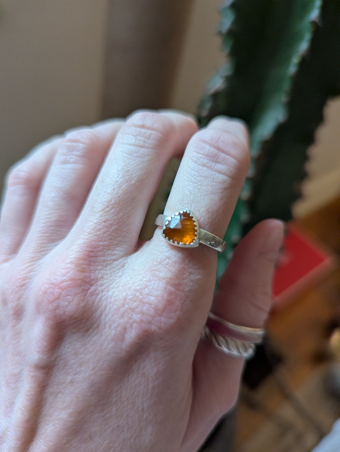 Faceted Orange Kyanite Trillion Silver Ring - Size 7