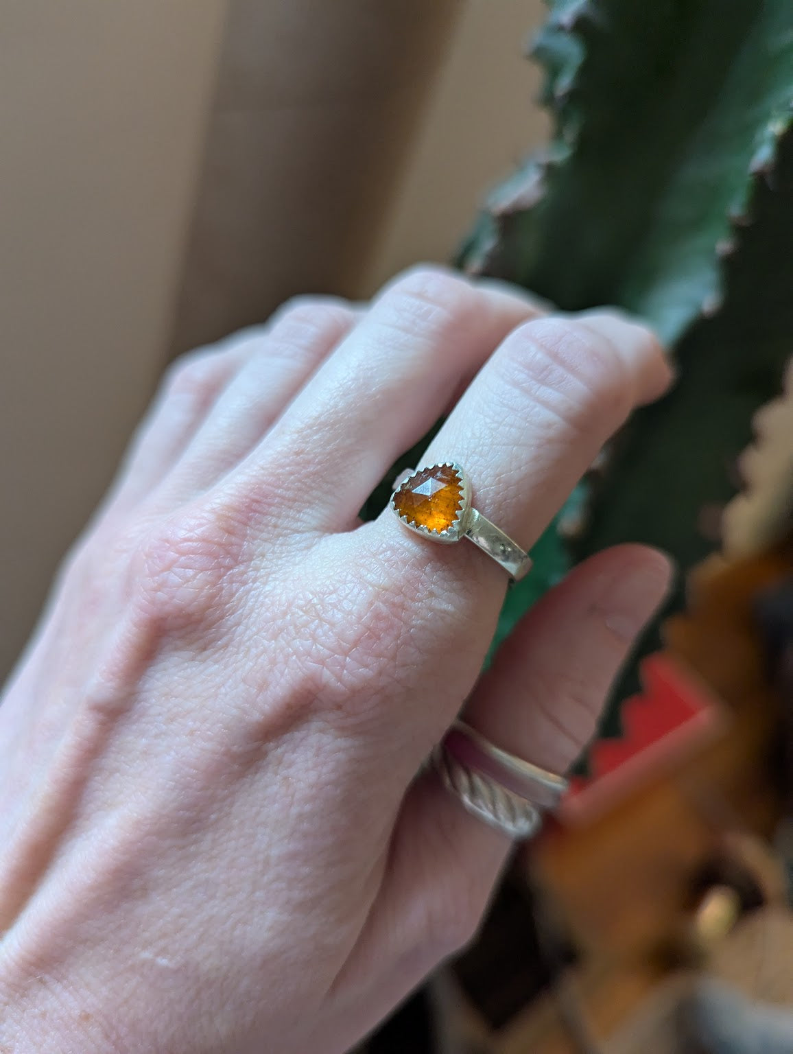 Faceted Orange Kyanite Trillion Silver Ring - Size 7