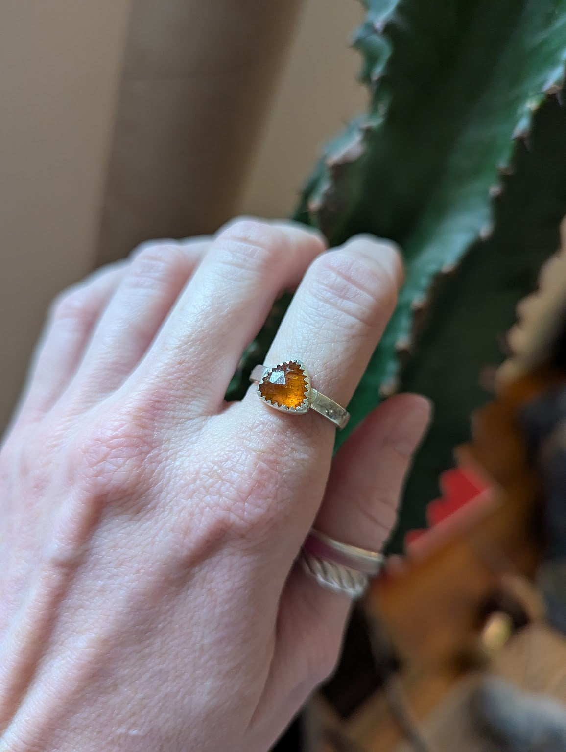Faceted Orange Kyanite Trillion Silver Ring - Size 7