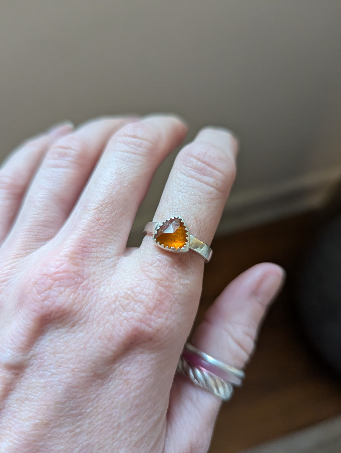 Faceted Orange Kyanite Trillion Silver Ring - Size 7