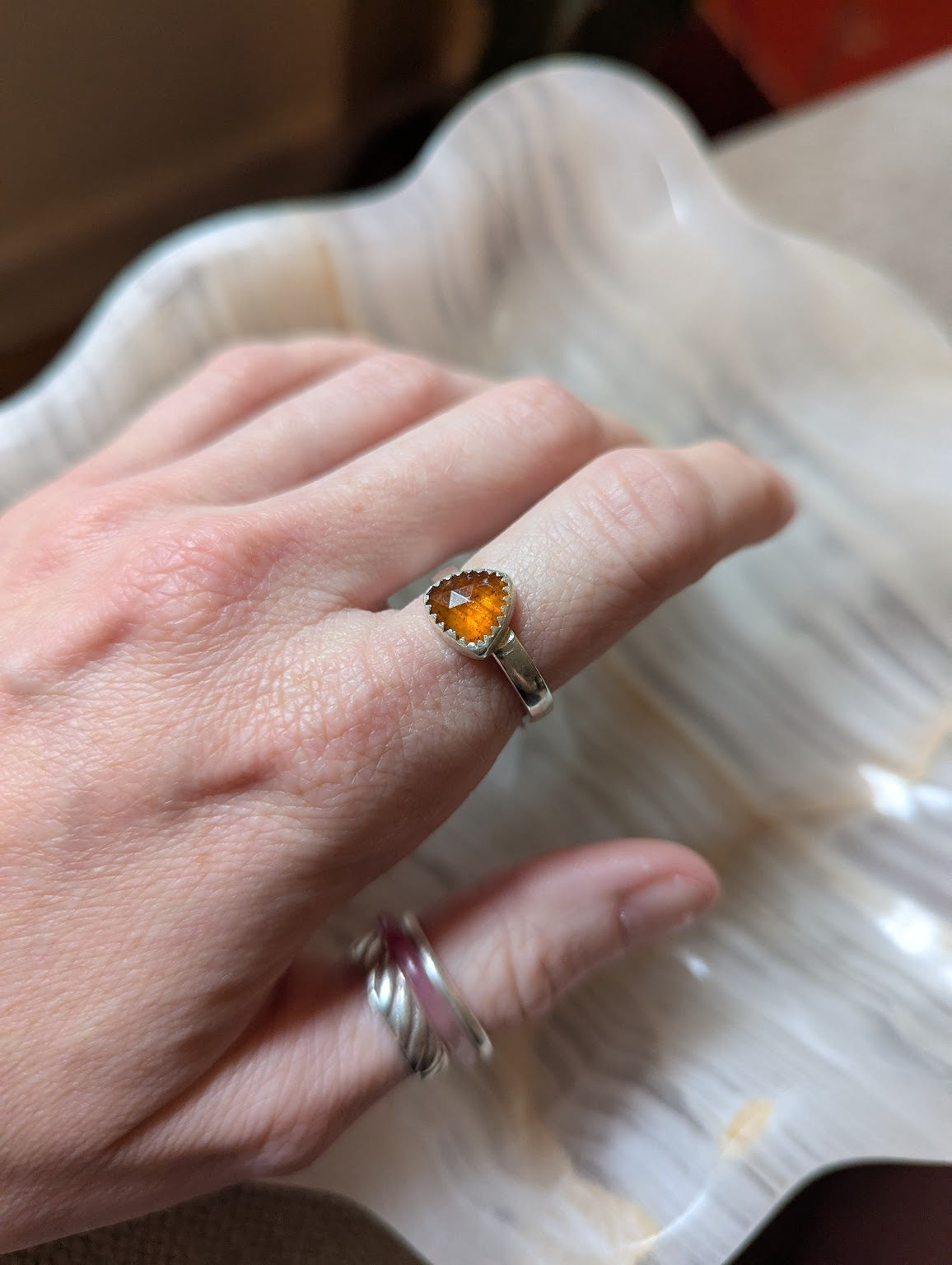 Faceted Orange Kyanite Trillion Silver Ring - Size 7