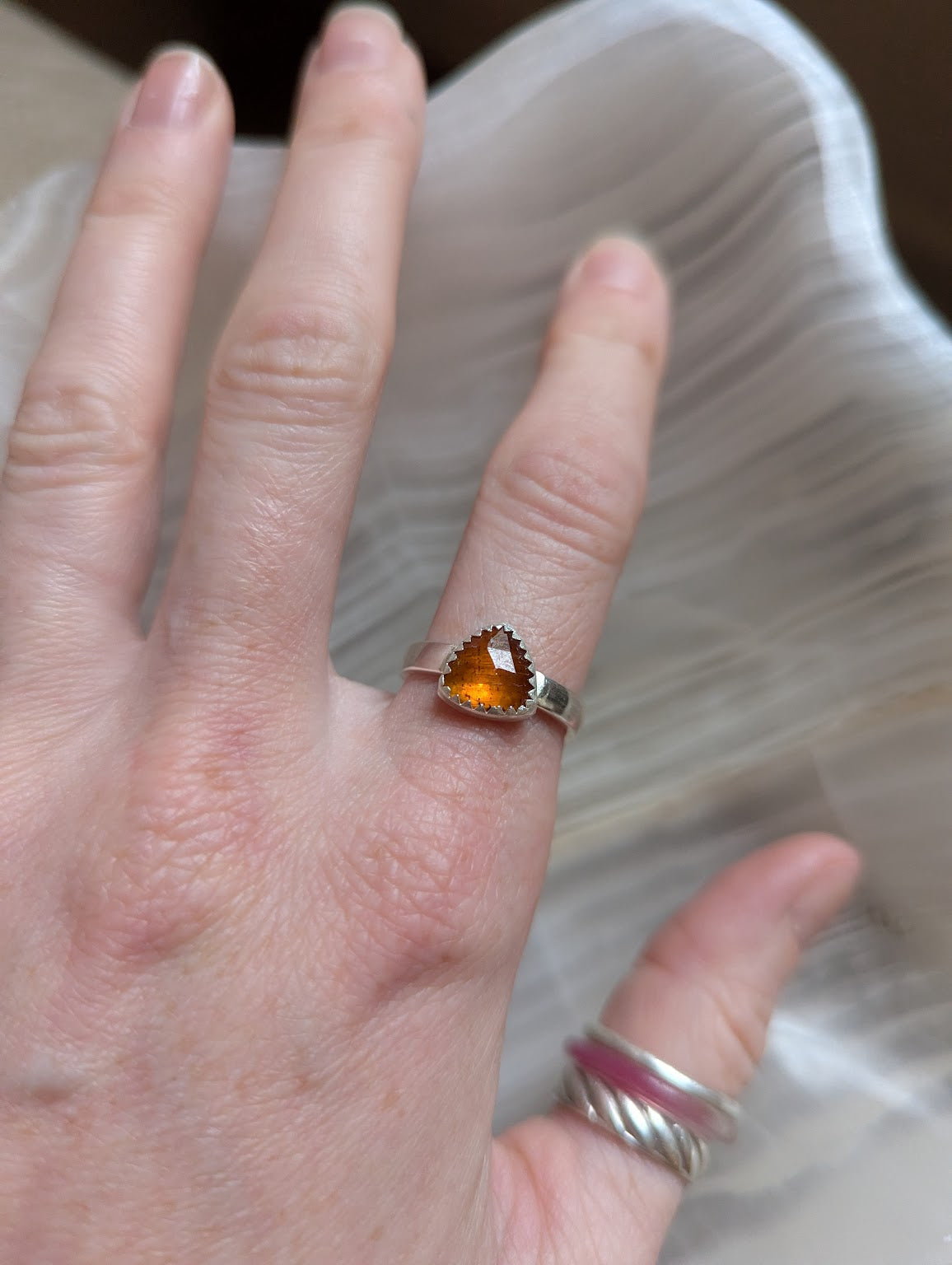 Faceted Orange Kyanite Trillion Silver Ring - Size 7