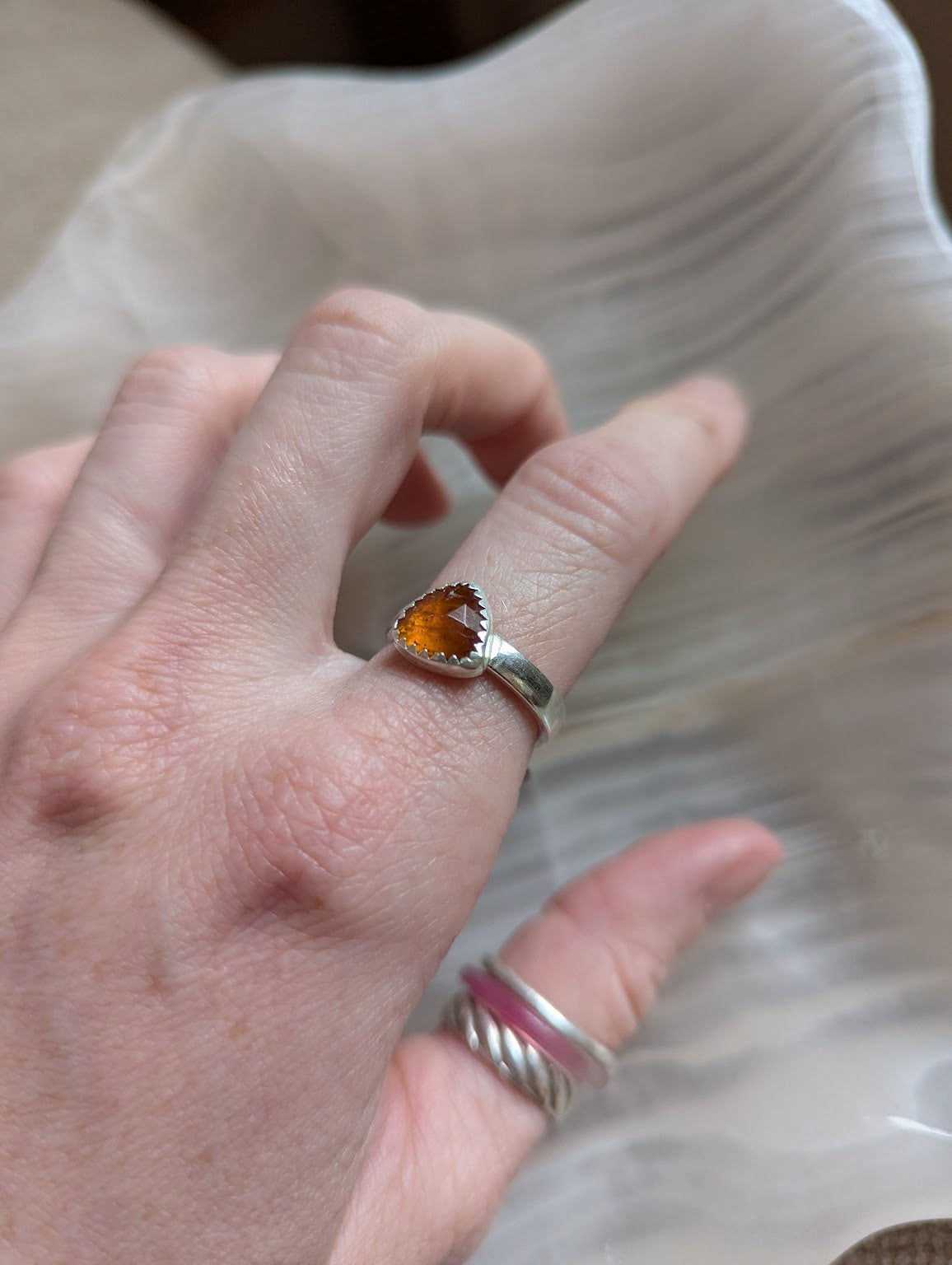 Faceted Orange Kyanite Trillion Silver Ring - Size 7