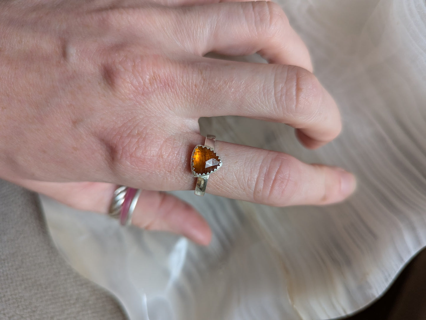 Faceted Orange Kyanite Trillion Silver Ring - Size 7