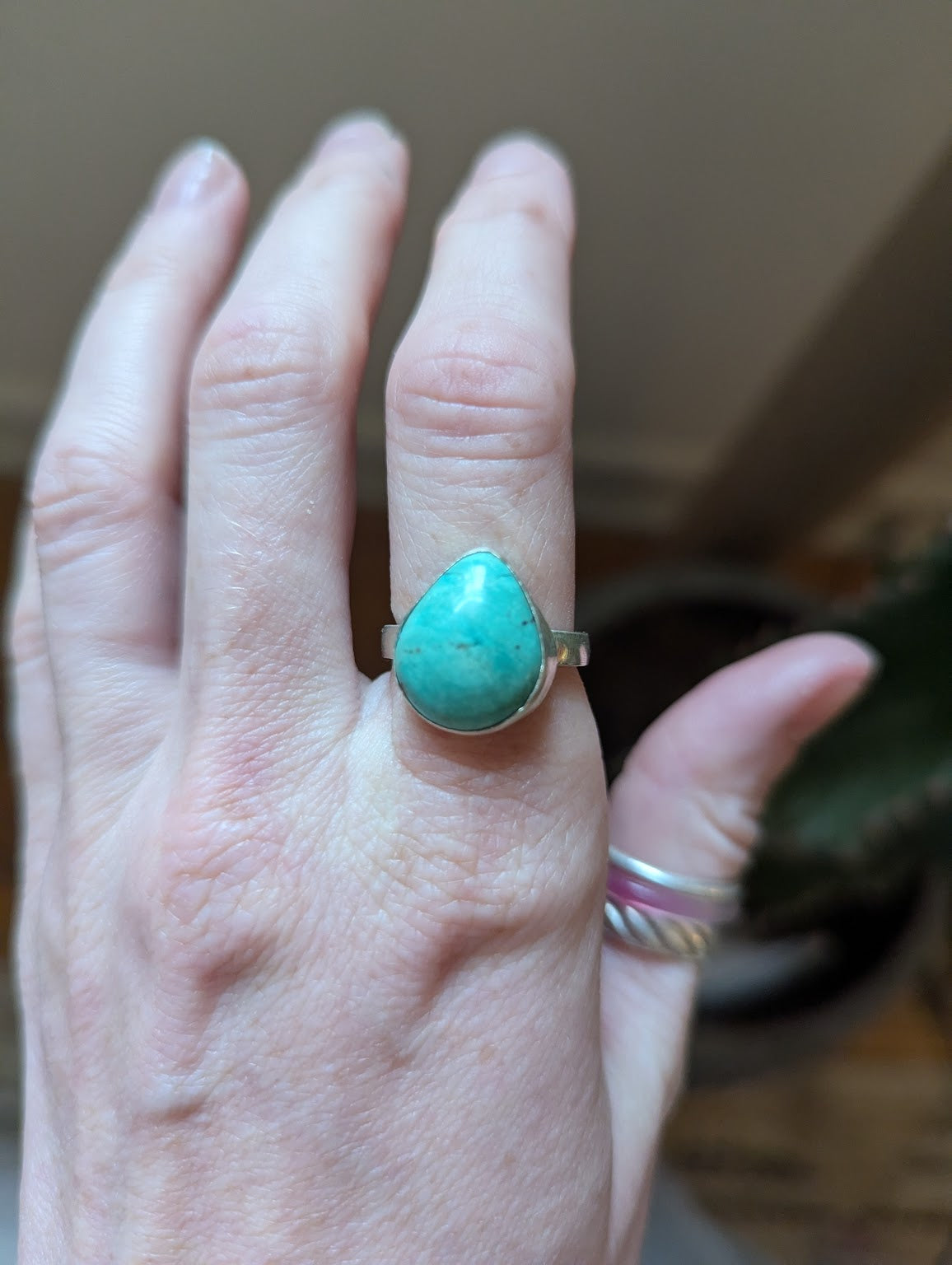 Turquoise Teardrop Silver Ring - Size 7