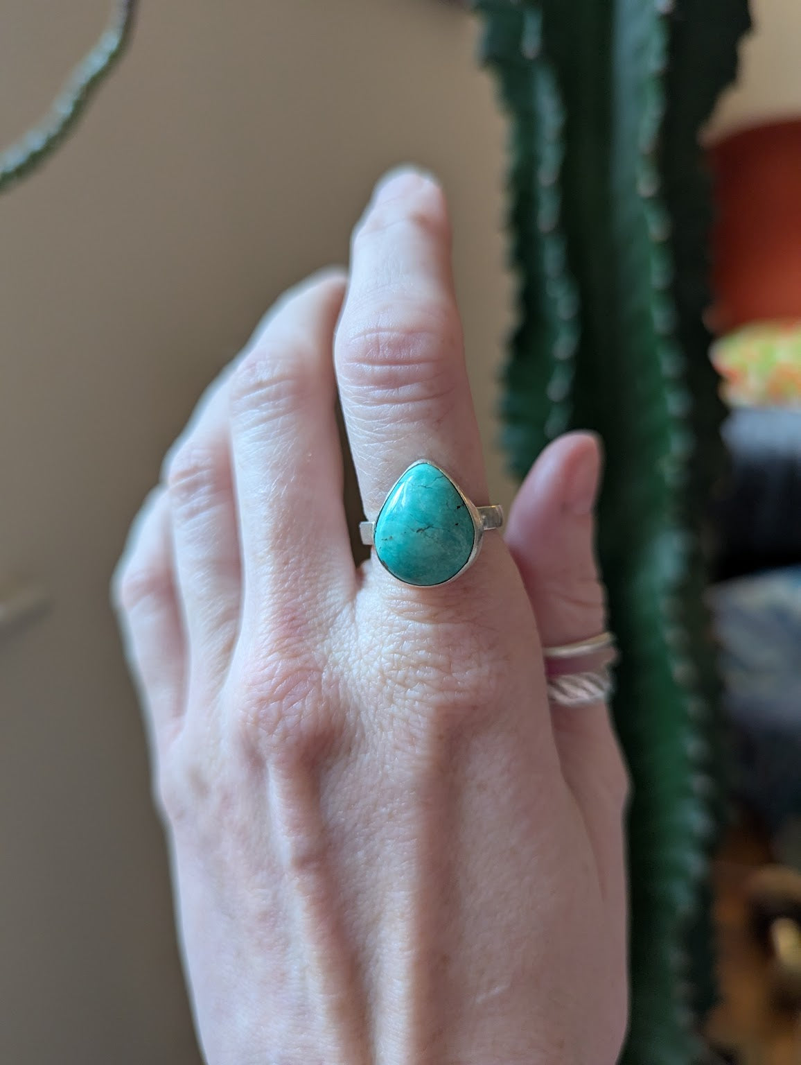 Turquoise Teardrop Silver Ring - Size 7