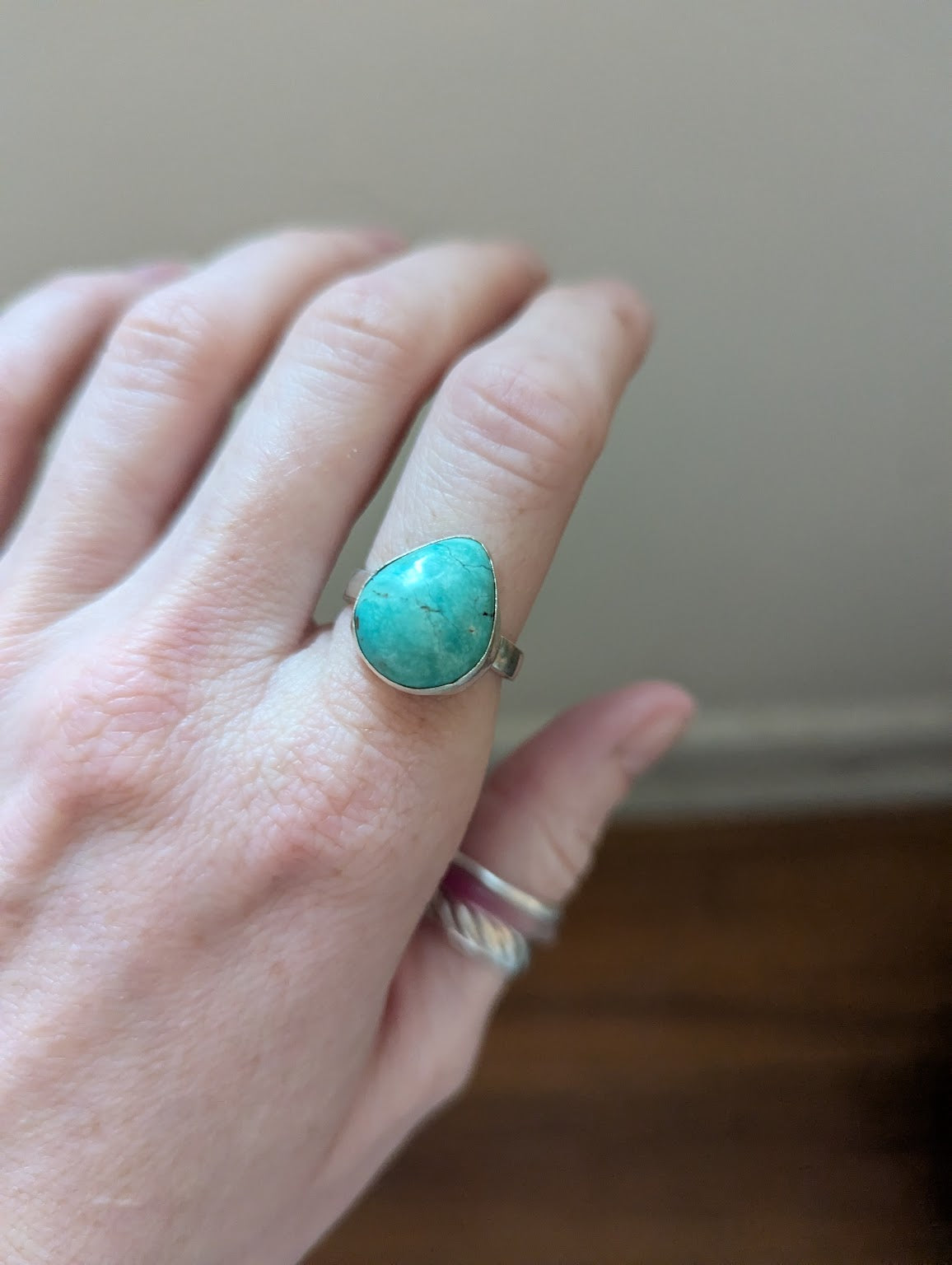 Turquoise Teardrop Silver Ring - Size 7