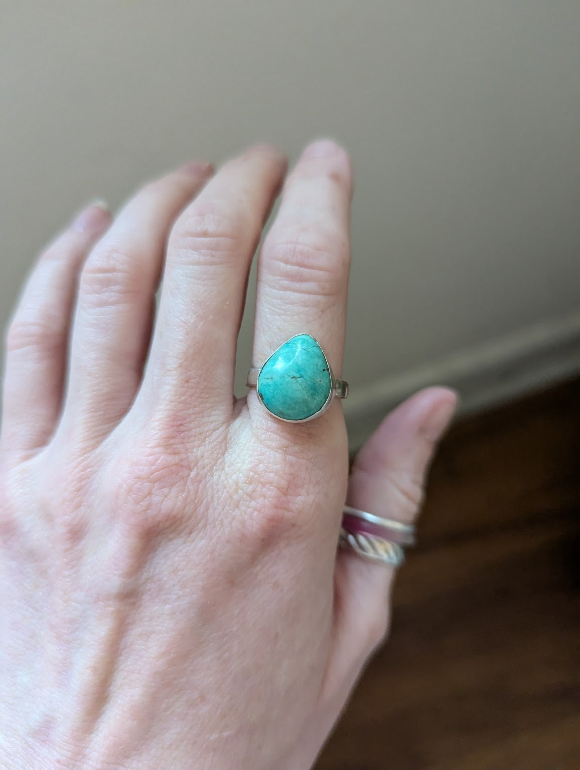 Turquoise Teardrop Silver Ring - Size 7
