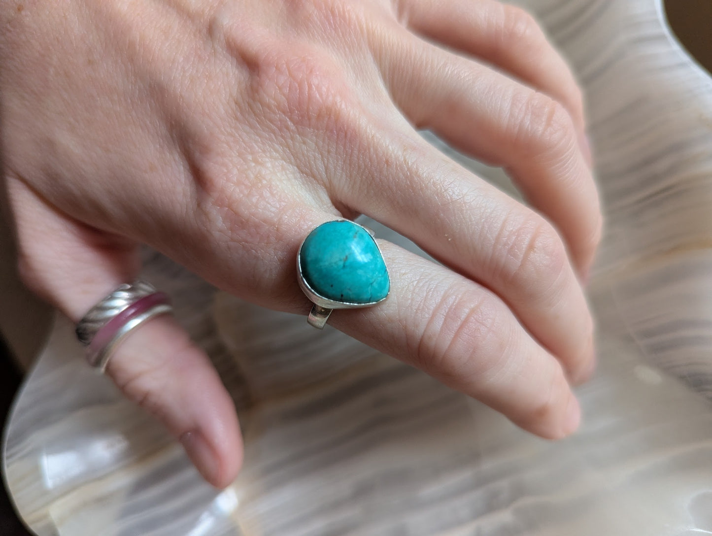Turquoise Teardrop Silver Ring - Size 7