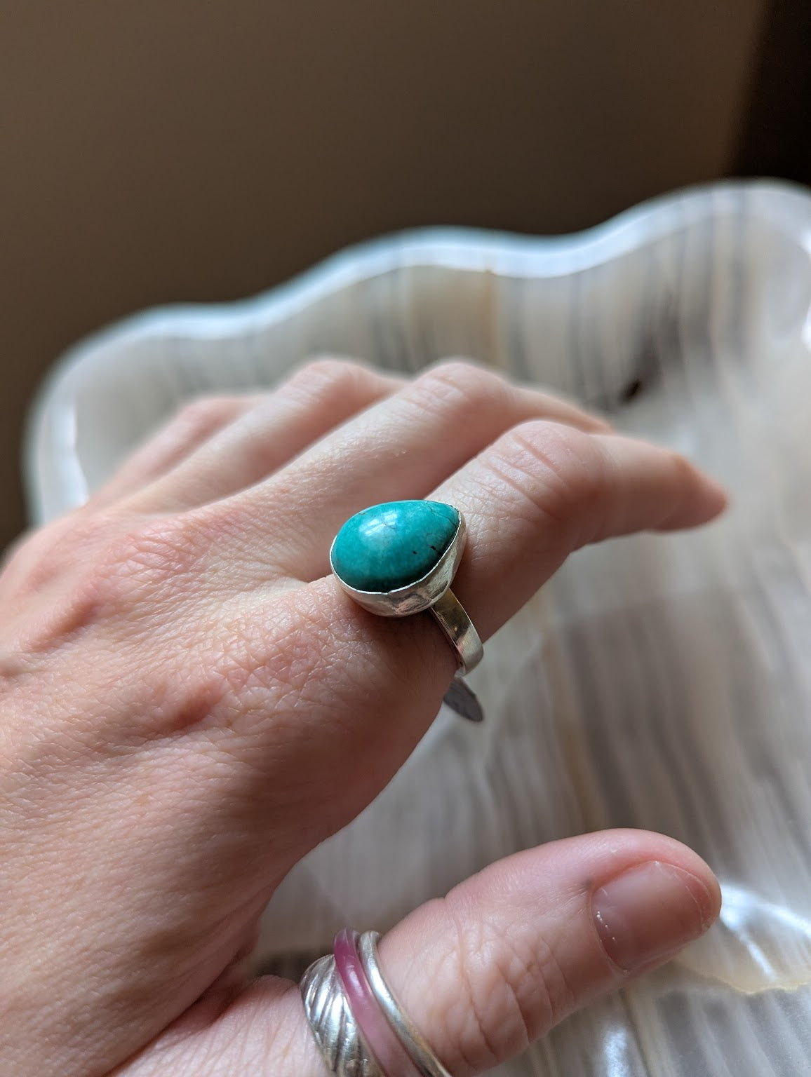 Turquoise Teardrop Silver Ring - Size 7