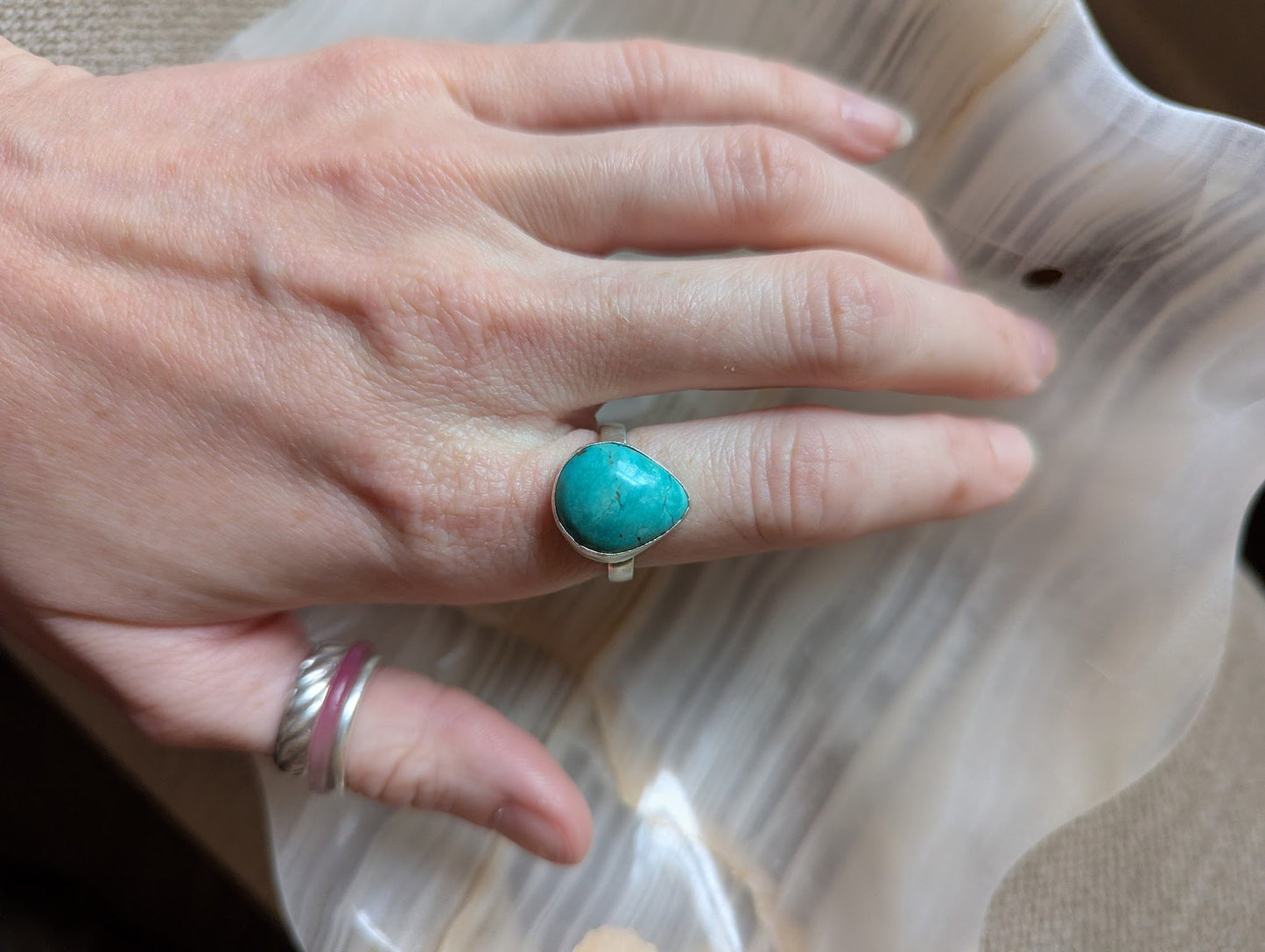 Turquoise Teardrop Silver Ring - Size 7