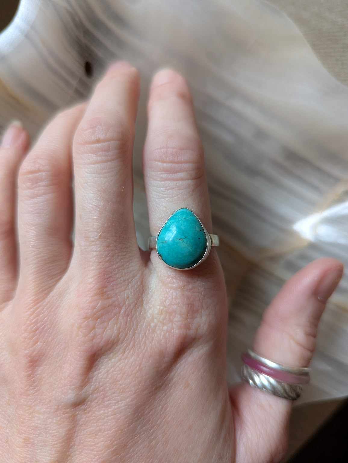Turquoise Teardrop Silver Ring - Size 7