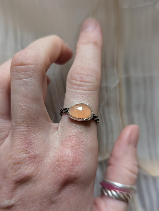 Peach Moonstone Silver Ring - Size 9.5
