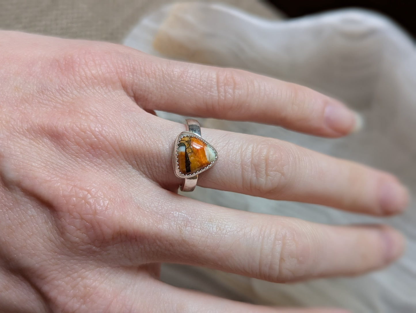 Spiny Oyster Trillion Silver Ring - Size 5