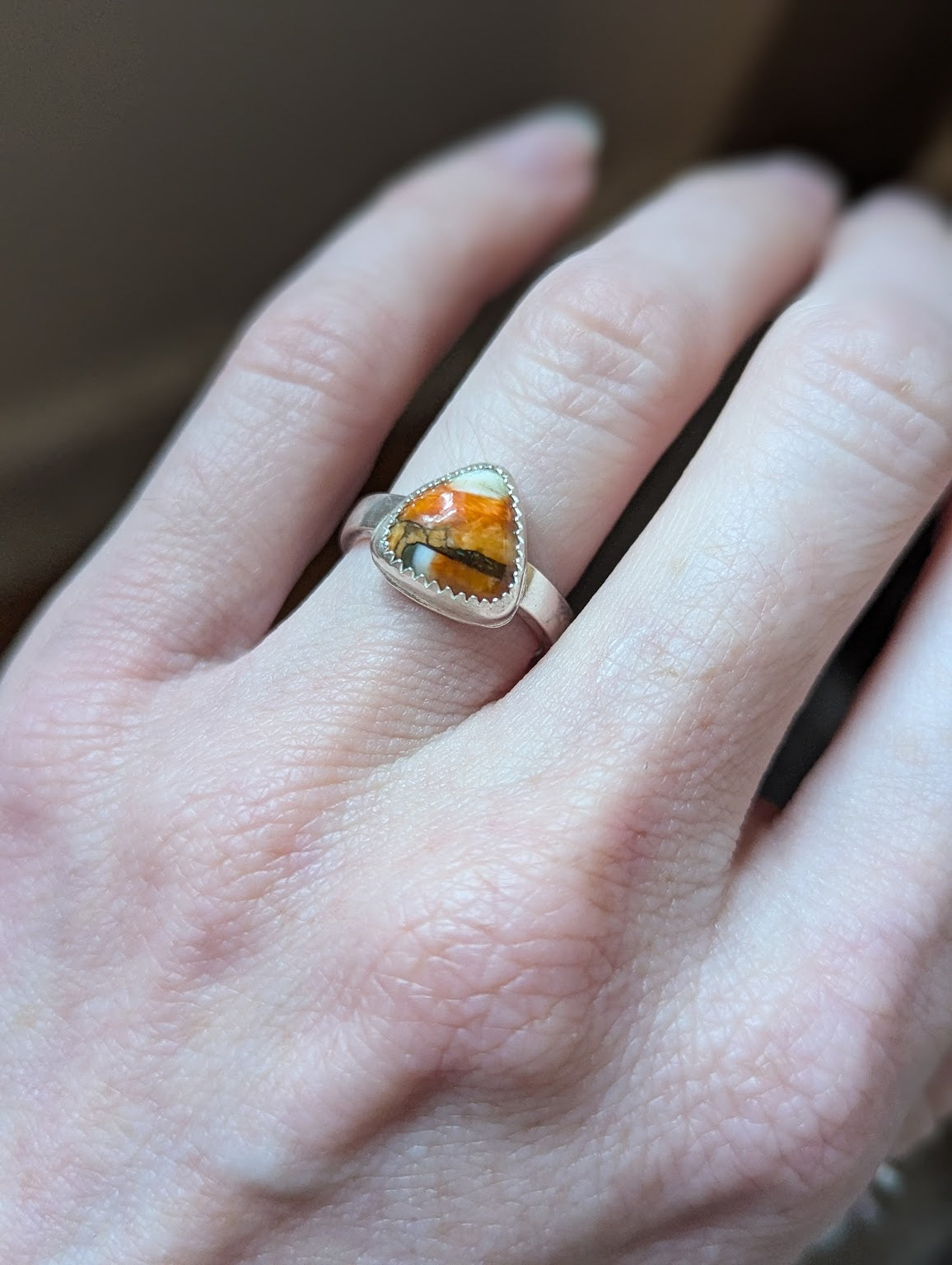 Spiny Oyster Trillion Silver Ring - Size 5