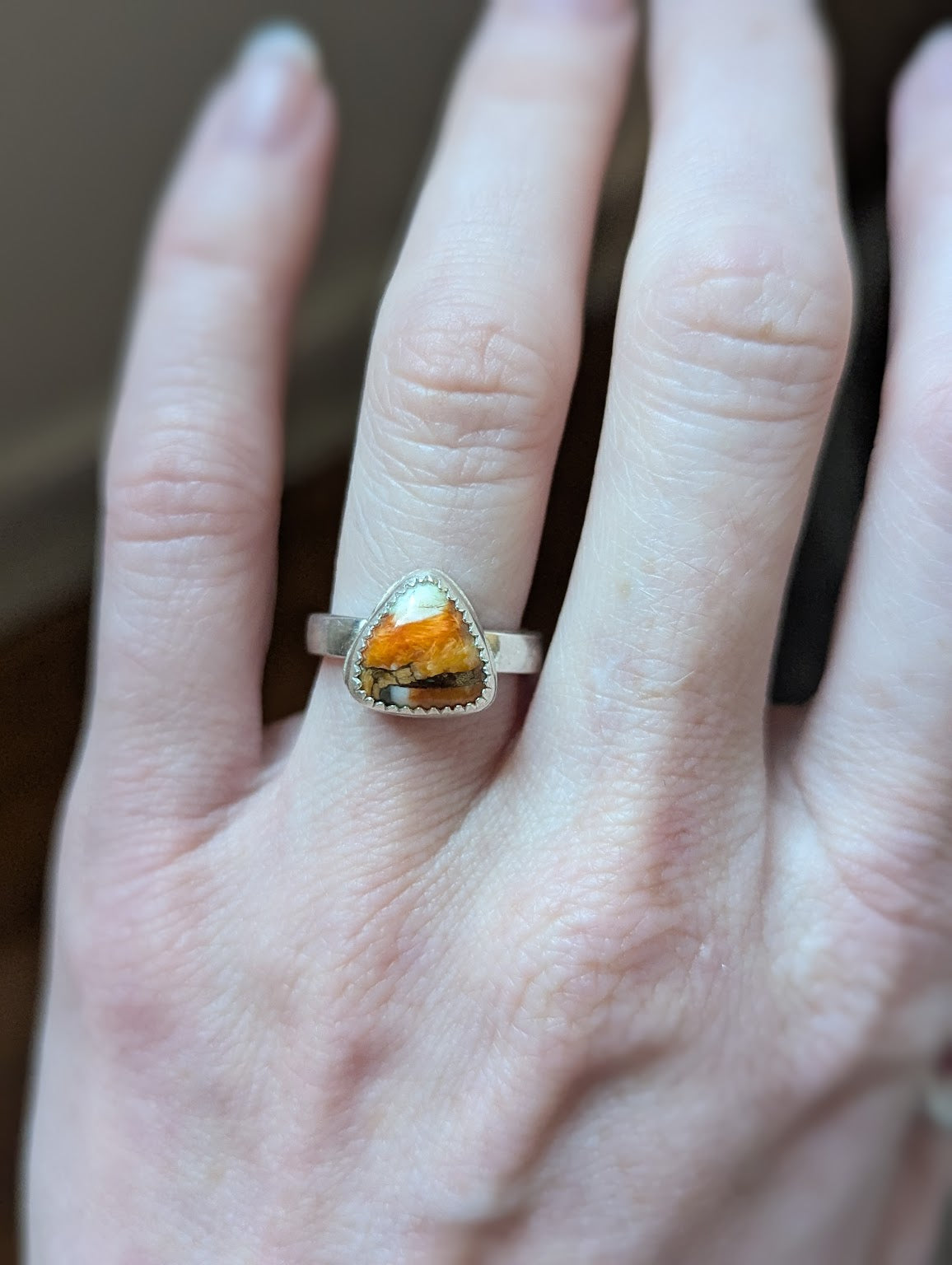 Spiny Oyster Trillion Silver Ring - Size 5