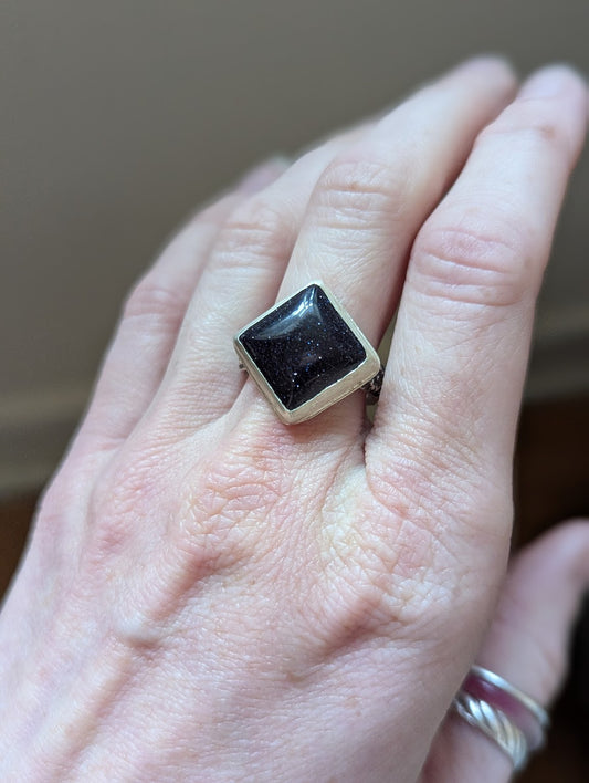 Square Blue Goldstone Floral Band Silver Ring - Size 8