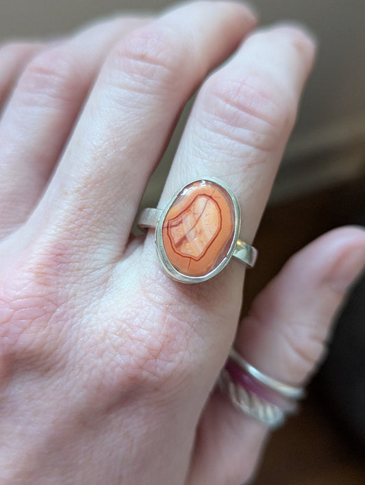 Orange Agate Oval Silver Ring - Size 10