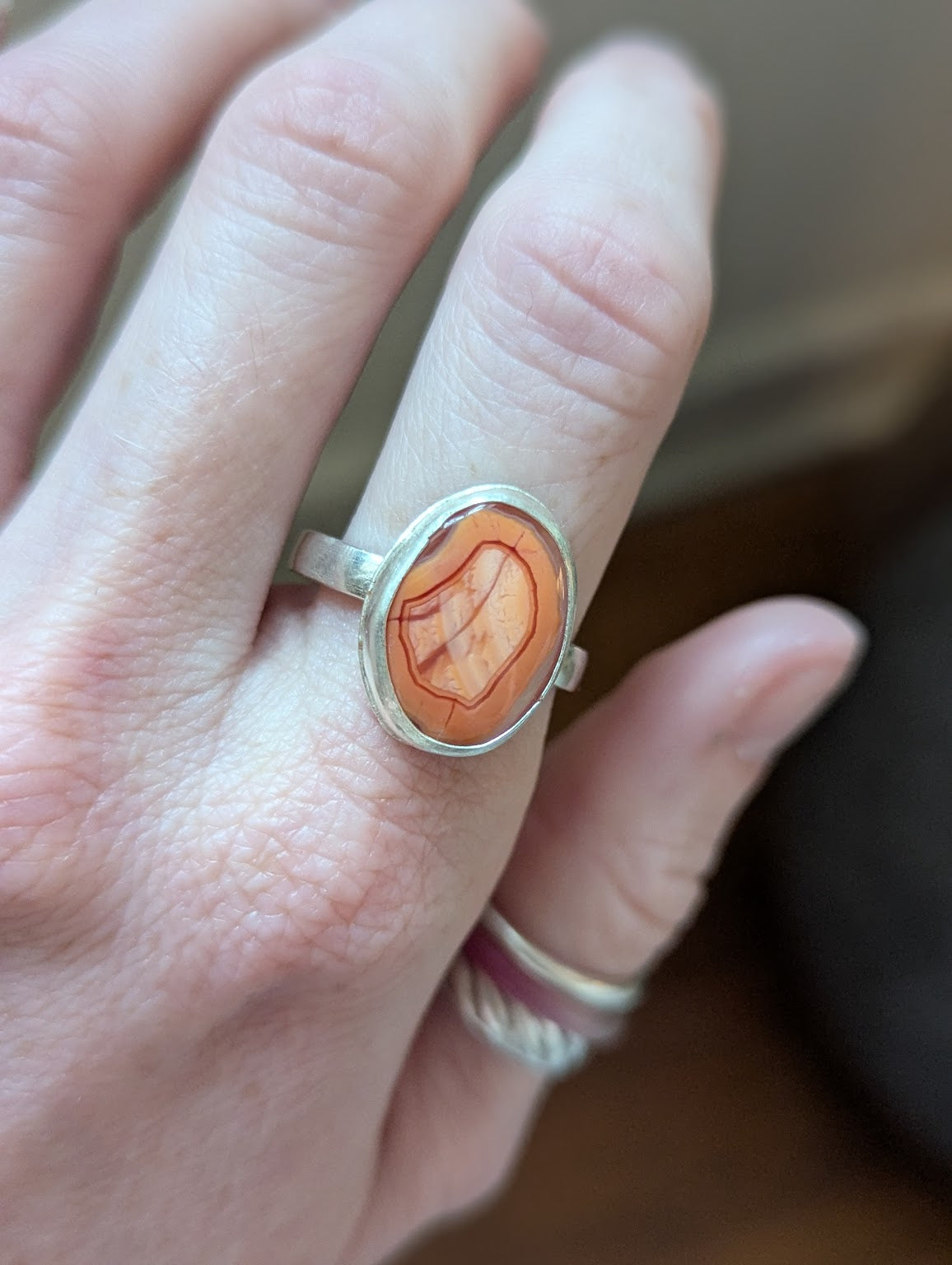 Orange Agate Oval Silver Ring - Size 10