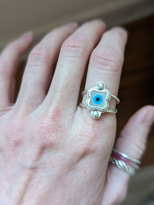 Mother of Pearl Evil Eye Silver Embellished Ring - Size 9