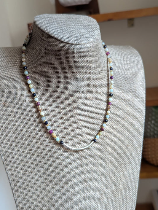 Lepidolite, Blue Goldstone, Amazonite Silver Curved Bar Beaded Necklace