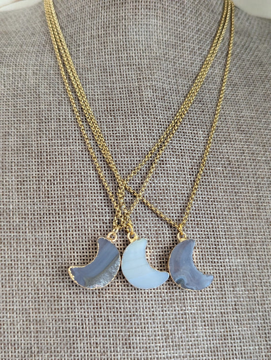 Agate Crescent Moon Gold Stainless Necklace (Various Available)