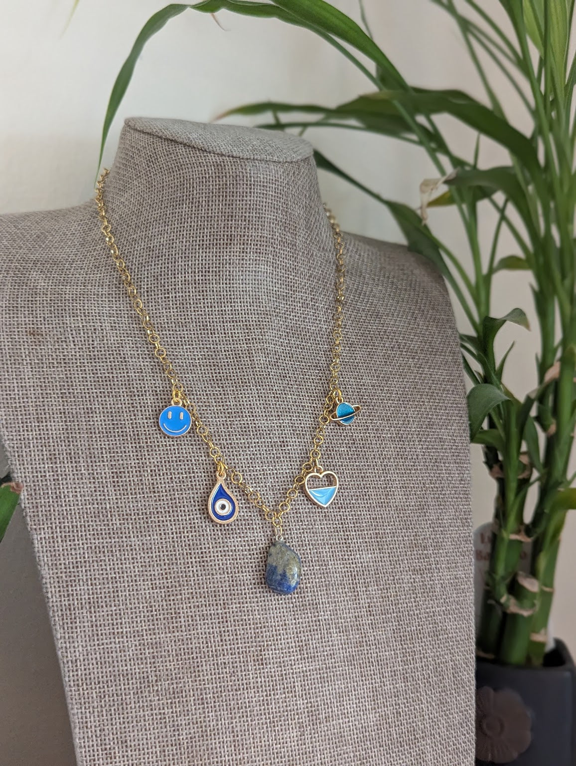 Mixed Blue Charm Gold Necklace