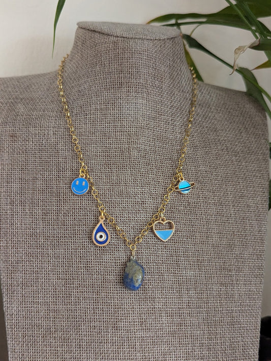 Mixed Blue Charm Gold Necklace