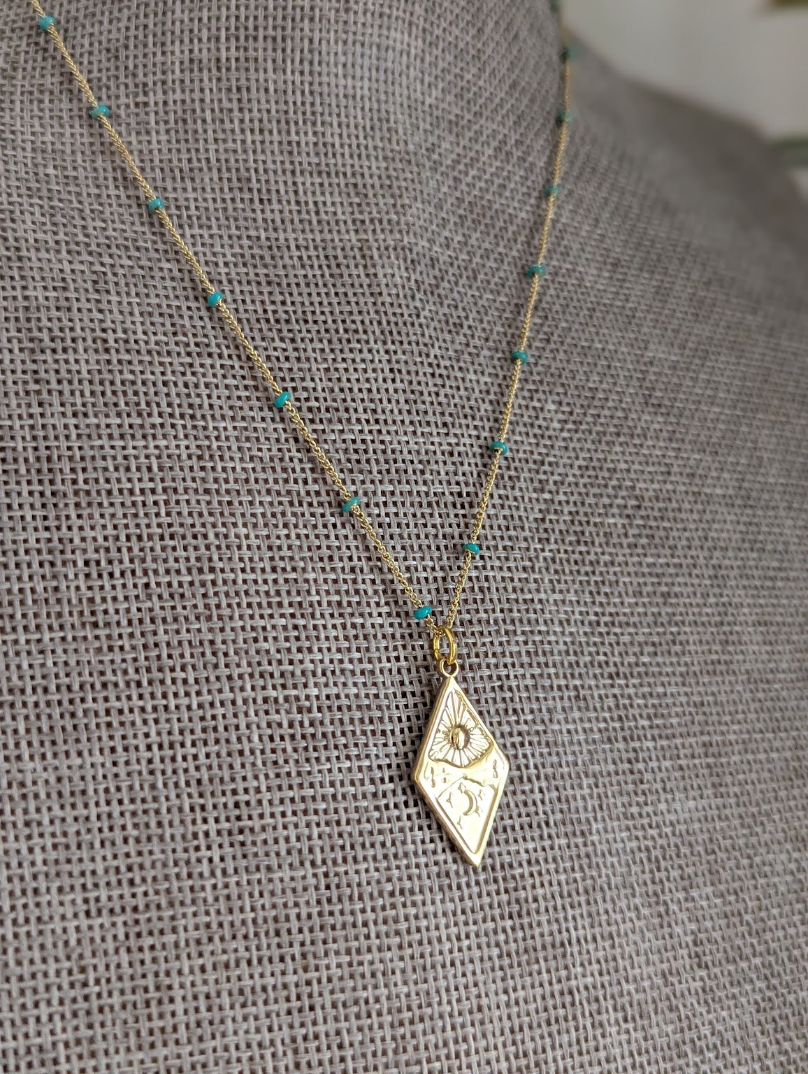 Diamond Sun Moon Mountain Gold and Turquoise Necklace
