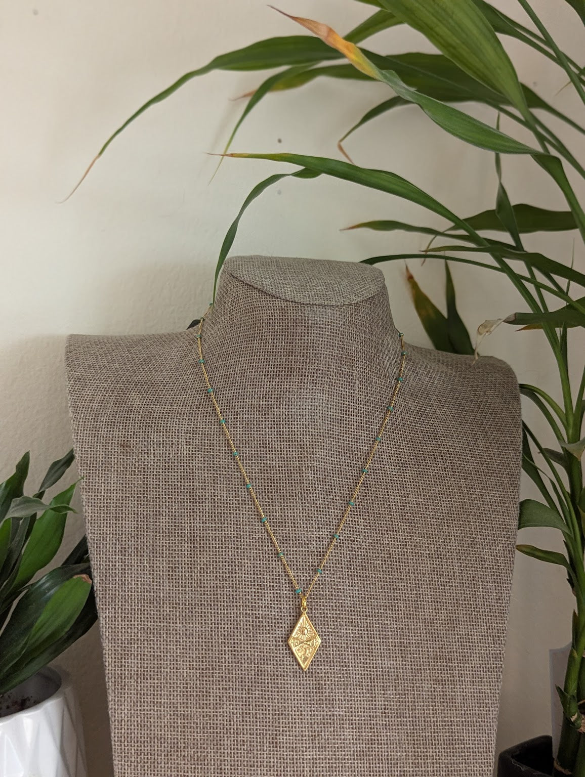 Diamond Sun Moon Mountain Gold and Turquoise Necklace