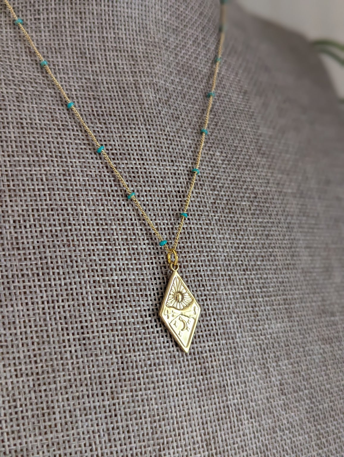 Diamond Sun Moon Mountain Gold and Turquoise Necklace