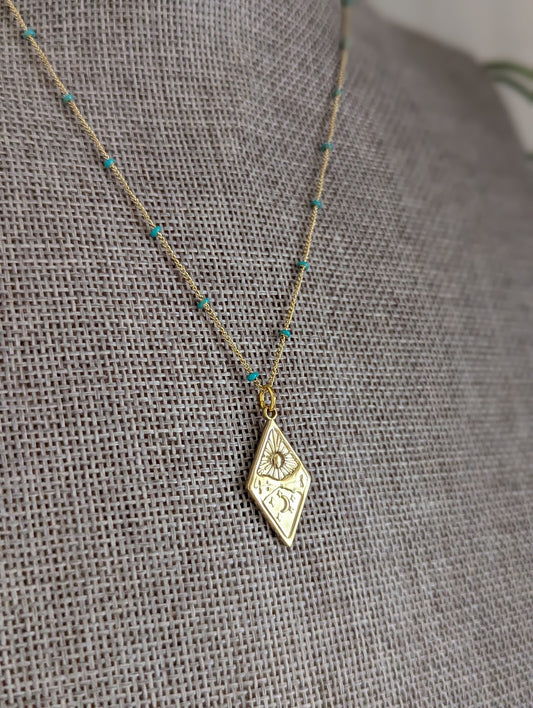 Diamond Sun Moon Mountain Gold and Turquoise Necklace