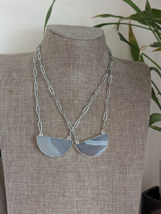 Agate Half Moon Silver Paperclip Necklace (Various Styles Available)