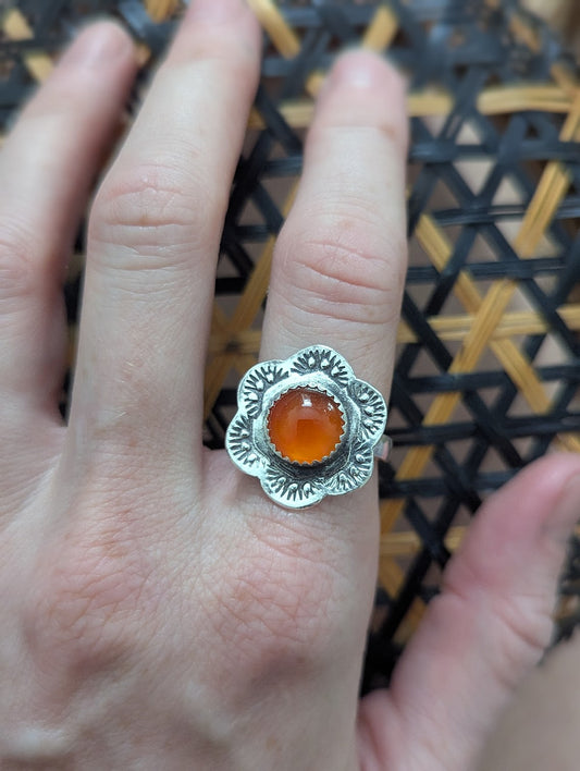 Carnelian Stamped Flower Silver Ring - Size 7.5