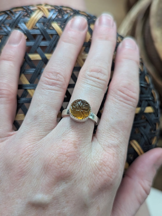 Citrine Carved Floral Silver Ring - Size 5.5