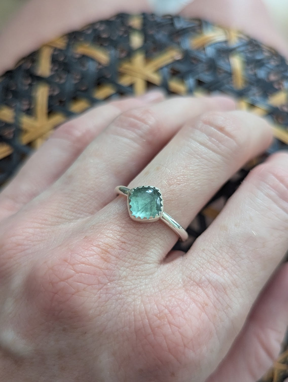 Green Kyanite Square Silver Ring - Size 6.5