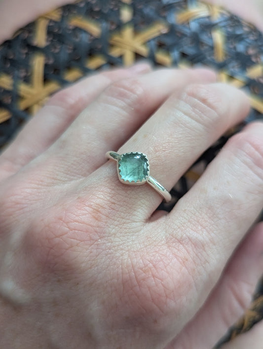 Green Kyanite Square Silver Ring - Size 6.5