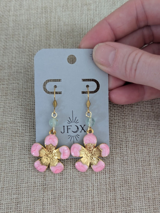Pink Enamel Fluorite Gold Flower Earrings