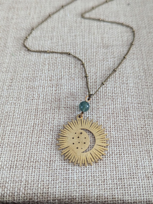 Brass Crescent Moon Rays Moss Agate Necklace